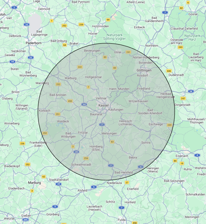 Karte: 50 km Einsatzgebiet von Schlüsseldienst Kassel LockDoc rund um Kassel
